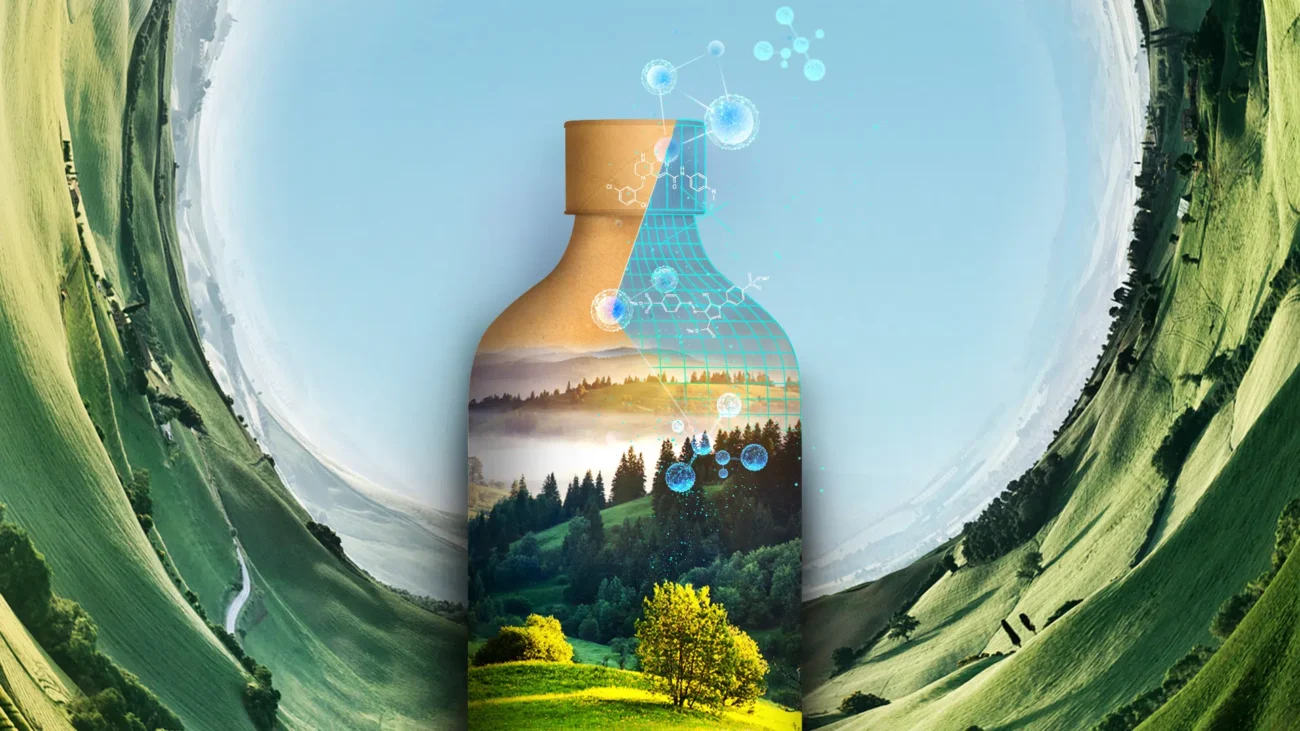 A bottle with a landscape on it
